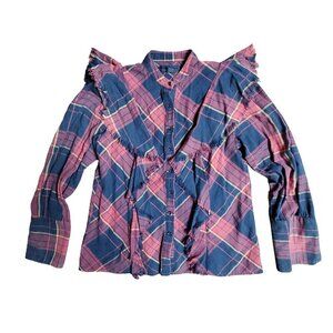 Maison Cinqcent Plaid Flannel Ruffled Long Sleeve Western Shirt Size S Red Black